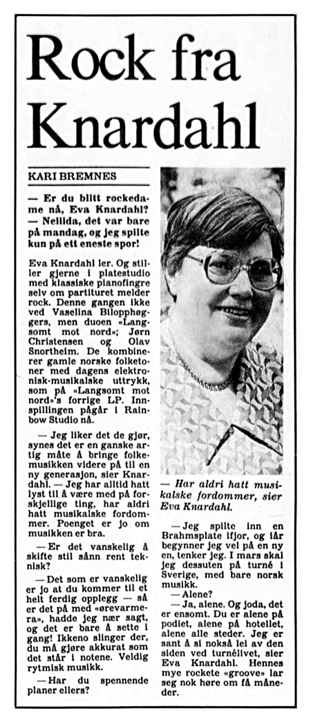 Rock fra Knardahl, Aftenposten 10.02.1988.
						Eva Knardahl, Seljespretten, Rainbow Studio, Elektronisk musikk.
						Electronic music.